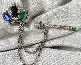 Sterling crown and chained scepter brooches - 1950s vintage
