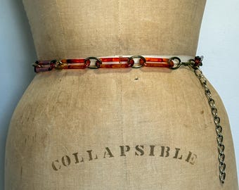 Tortoiseshell Acrylic Link Chain Belt - Amber Oval Links, Brass Connectors - 1970s–80s Vintage