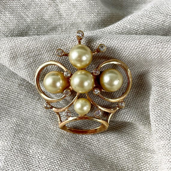 Atomic Crown Brooch With Pearls and Rhinestones 1950s Vintage