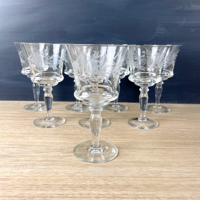 Mid century floral cut wine glasses set of 8 vintage barware image 1