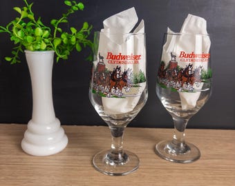 Budweiser Clydesdales Glasses - Vintage 1991 Stemmed Beer Goblets