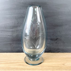 Sapphire blue teardrop heavy glass vase with etched flowers image 1