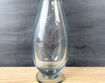 Sapphire blue teardrop heavy glass vase with etched flowers