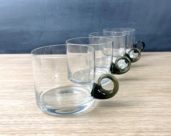 Glass mugs with smoked glass handles - set of 4 - vintage glassware