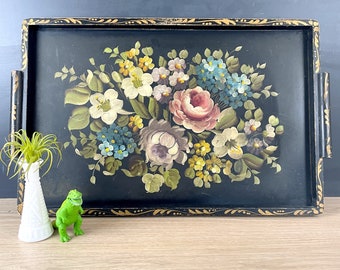 Floral painted oversized wood serving tray with handles - 1950s vintage