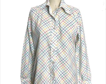 1970s Lucky Winner rainbow plaid blouse - size medium - large