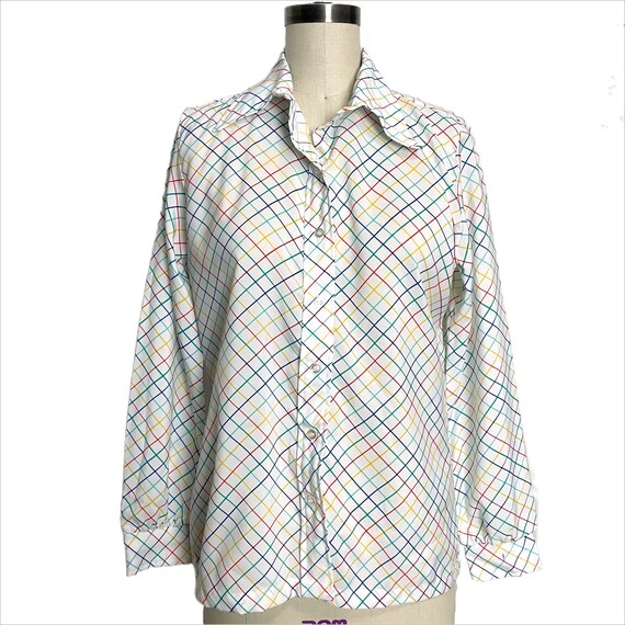 1970s Lucky Winner rainbow plaid blouse - size med