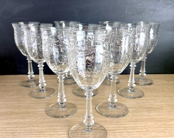 Set of 10 Libbey Rock Sharpe #2005-2 Etched Crystal Stemware Vintage 1940s