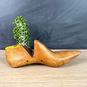 May include: A wooden shoe last with a pointed toe and a yellow accent on the heel. The last is made of light brown wood and is sitting on a wooden surface. A green plant is in the background.