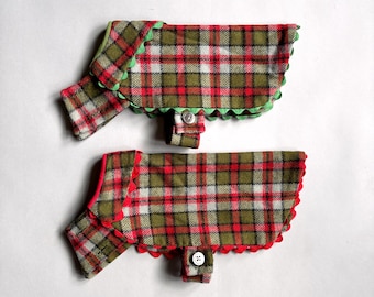 Vintage Handmade Plaid Dog Coats - Set of 2 - Rickrack Trim - Pug Coats - Red Green Gray Black Wool Blend
