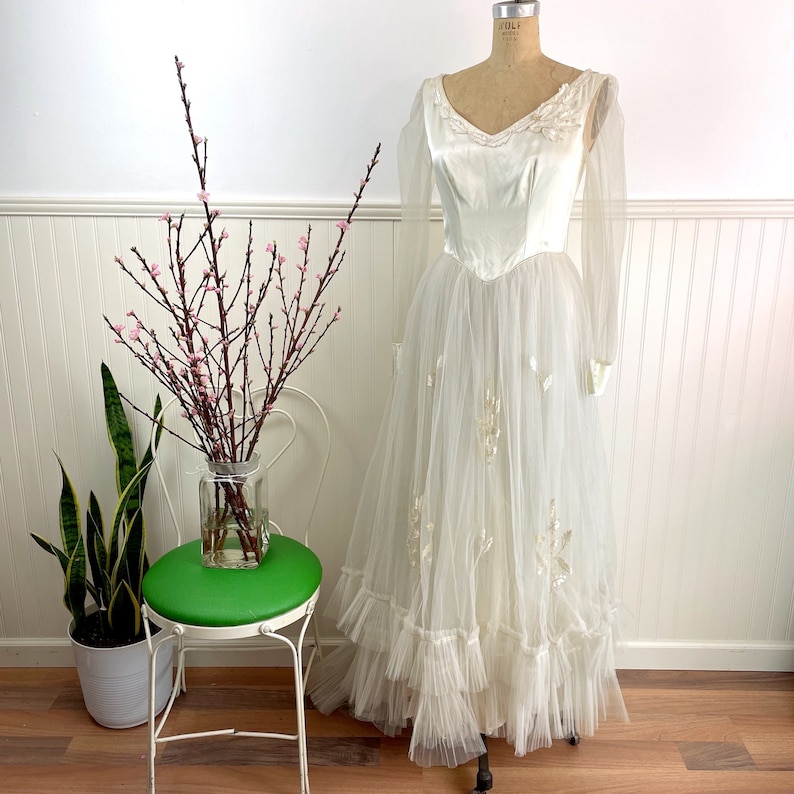 Satin and tulle wedding gown size small vintage wedding dress image 1