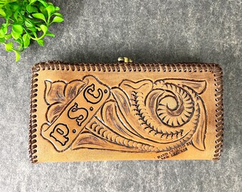 Tooled leather embossed clutch/wallet - handmade vintage
