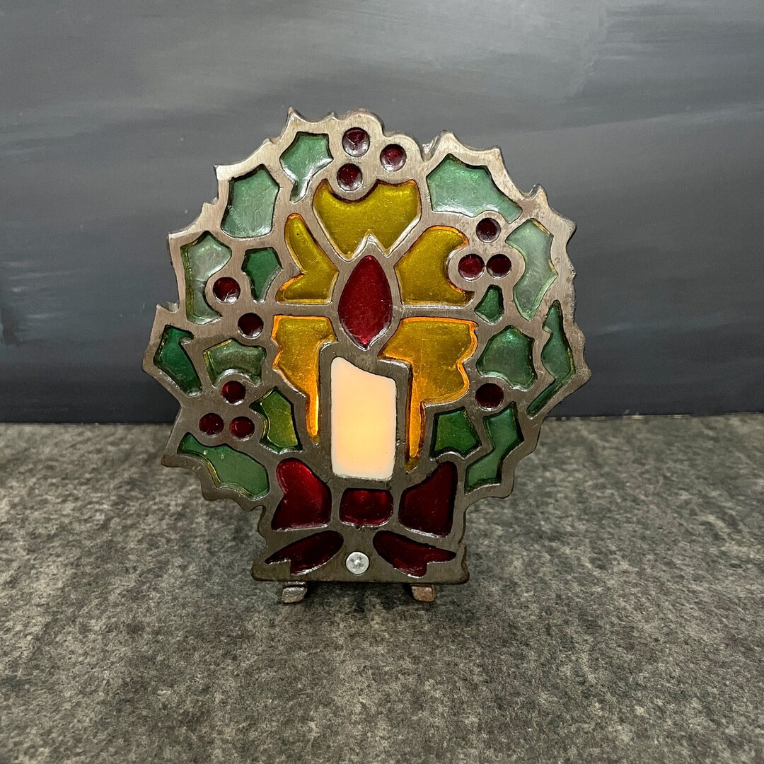 Cast Iron Stained Glass Christmas Tea Light Holder 1970s Vintage Etsy