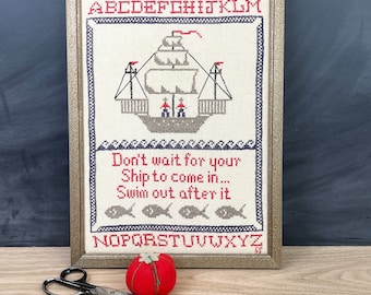 Inspirational nautical cross stitch sampler - 1975 vintage