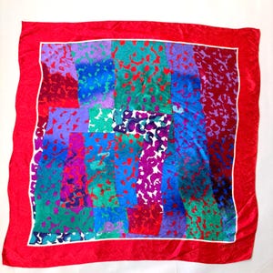 Van Horn Silk-Feel Square Scarf - Patchwork Leopard Print, Red Border - 35" - 1980s Vintage