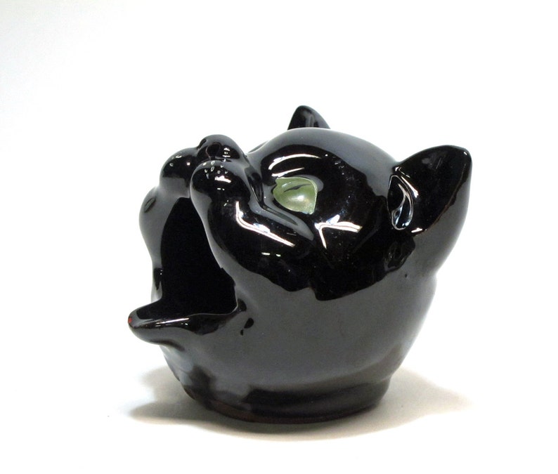 Vintage redware black cat ashtray open mouth green eyes Etsy