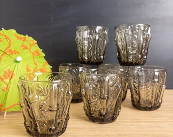 Set of 7 Vintage Smoky Glass Bamboo Juice Glasses -  Mid Century Glassware