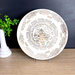 1953 Calendar Plate – Vintage Dutch Windmill, Gold Floral Decor