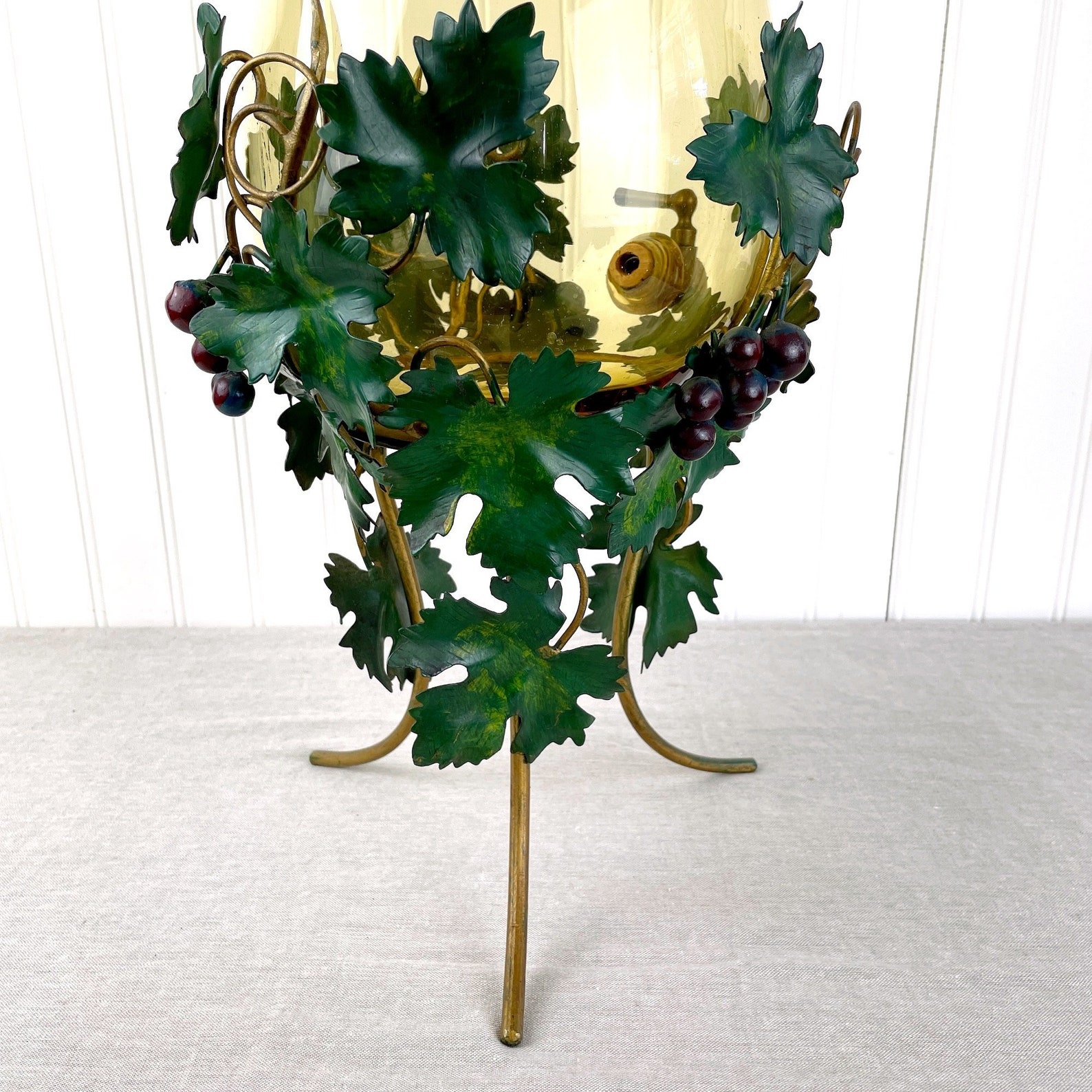 Italian blown glass wine decanter in a grapevine tole stand Etsy