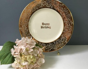 Happy Birthday decorative plate - gold and cream plate wall decor