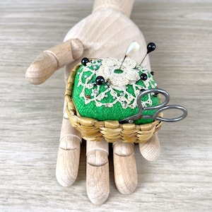 Pincushion in a basket - vintage handmade sewing notion