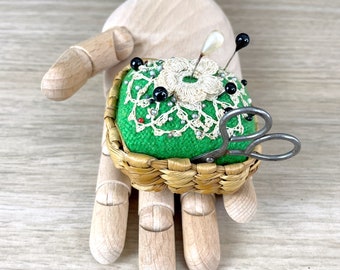 Pincushion in a basket - vintage handmade sewing notion