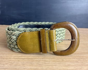 Harvé Bernard Braided Cord Belt - Vintage 90s Boho Olive Khaki Green and Leather Belt - Size M/L