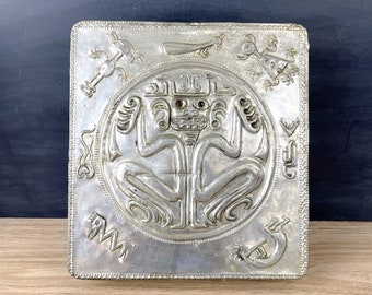 Folk art indigenous motifs tin relief covered box - 1960s vintage