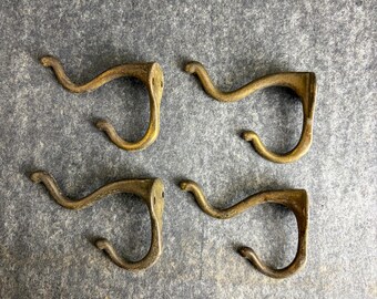 4 Vintage Rustic Cast Metal Brass Plated Vintage Double Coat Hooks