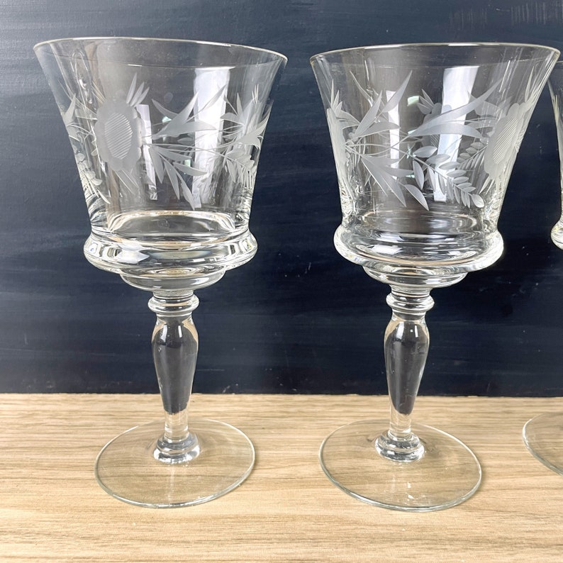 Mid century floral cut wine glasses set of 8 vintage barware image 3