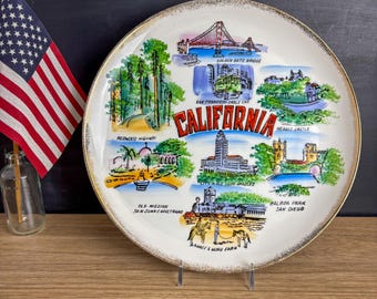 Vintage California Souvenir Plate – Hand-Painted Landmarks, Gold Rim Detail - 1950s