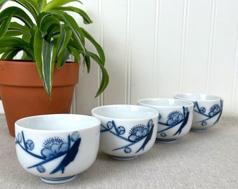 Otigari blue and white cherry blossom tea cups - set of 4 - 1970s vintage