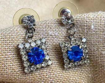 Sapphire Blue and Crystal Rhinestone Dangle Earrings - Vintage Glam Costume Jewelry