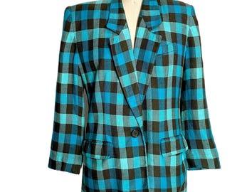 Blazer Anne Klein II vintage des années 80, veste à carreaux en lin, bleu canard Buffalo Check ILGWU USA Medium Petite