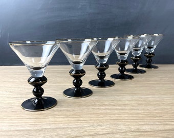 Art deco cordial glasses with black and gilt stems - set of 6