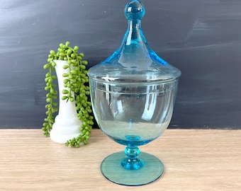 Azure blue glass covered candy dish - 1960s vintage