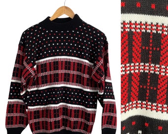 1980s men's red white and black plaid intarsia sweater by American Pride - size medium