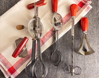 Wooden Red-Handle Kitchen Tool Lot - Vintage and Antique - Rustic Farmhouse Kitchen Decor