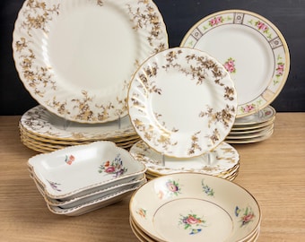 Mismatched China Dinnerware Set for 6 - 24 Piece Antique and Vintage - Minton Ancestral Gold, Nippon Roses, Grandmillennial Tea Party
