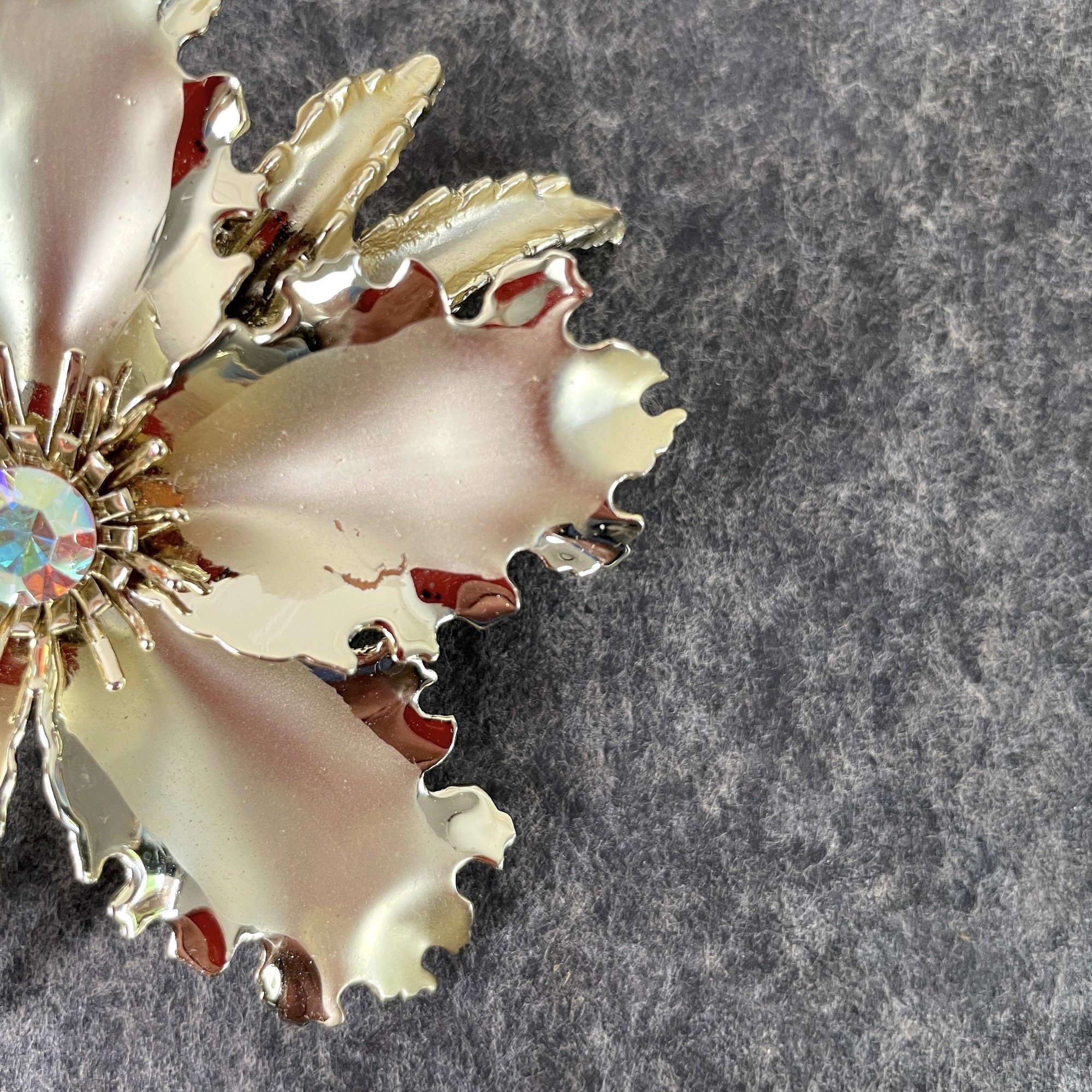 Goldtone Flower Brooch With Aurora Borealis Rhinestone
