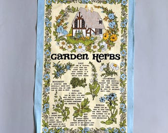 Torchon vintage en lin irlandais - Herbes du jardin - Causeway Ireland - Cottage Garden - Tableau d'herbes aromatiques