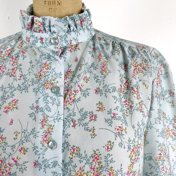 1970s aqua floral blouse - button down with high … - image 6