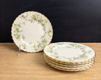 Set of 6 Syracuse Fine China Engagement Bread & Butter Plates - Mid Century Dinnerware -  Blue Flowers Gold Rim