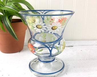 Czech painted glass urn vase - 1960s vintage floral decor