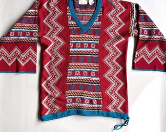 1970s Catalina Jacquard Knit Tunic Southwest Pattern  - V-Neck Bell Sleeve Drawstring Hem - Size Medium