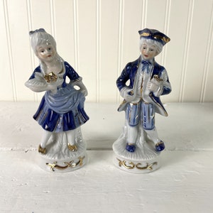 Regency couple porcelain figurines in blue, white and gold vintage romantic decor image 2