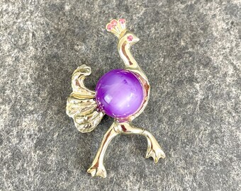 Broche Moonglow Peacock Jelly Belly - broche oiseau figuratif vintage des années 50-60 en violet et or