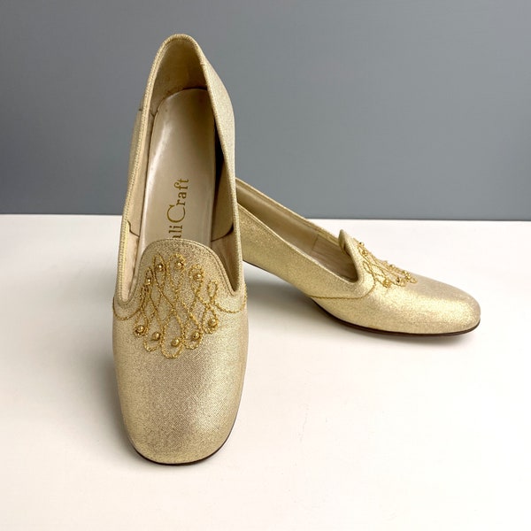 Gold lame chunky heel party shoes - 1970s vintage - size 6.5B