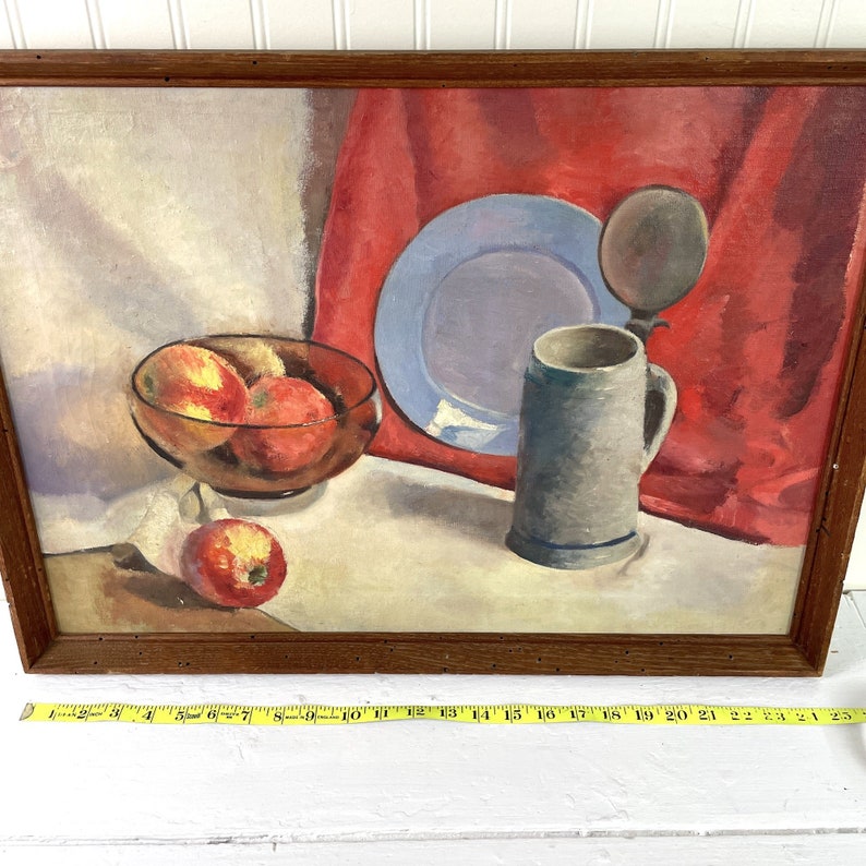 Still life with stein and apples vintage 1950s painting on canvas image 6