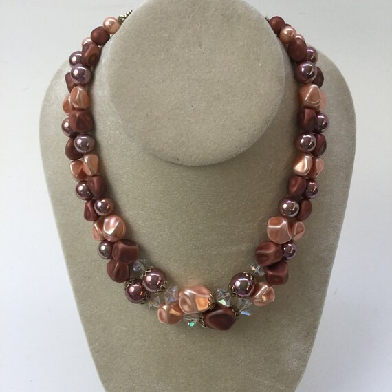 Cocoa, peach and crystal double strand necklace -… - image 1